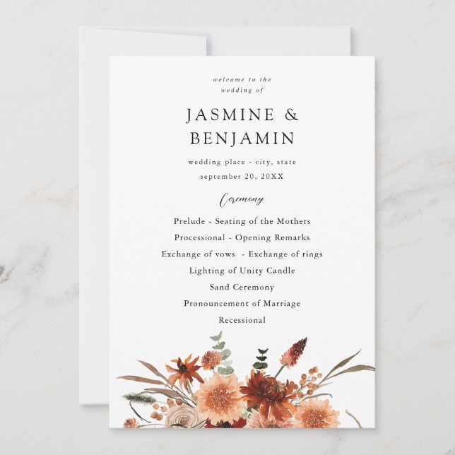 Rustic Earth & Champagne Florals Wedding Program (Front)
