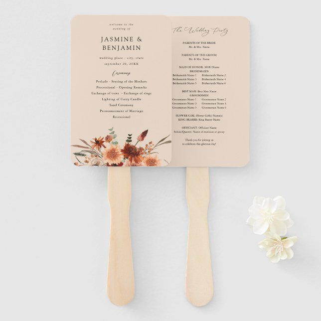 Rustic Earth & Champagne Florals Wedding Program B Hand Fan (Front and Back)