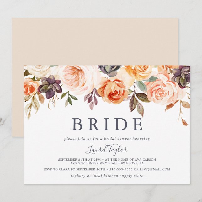 Rustic Earth Floral Horizontal Bride Bridal Shower Invitation (Front/Back)