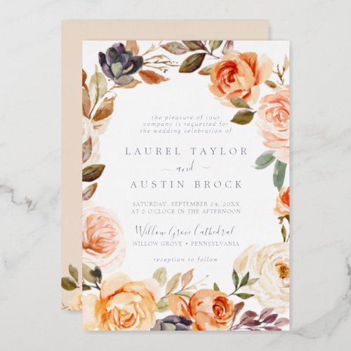 Rustic Earth Floral Silver Foil All In One Wedding Foil Invitation