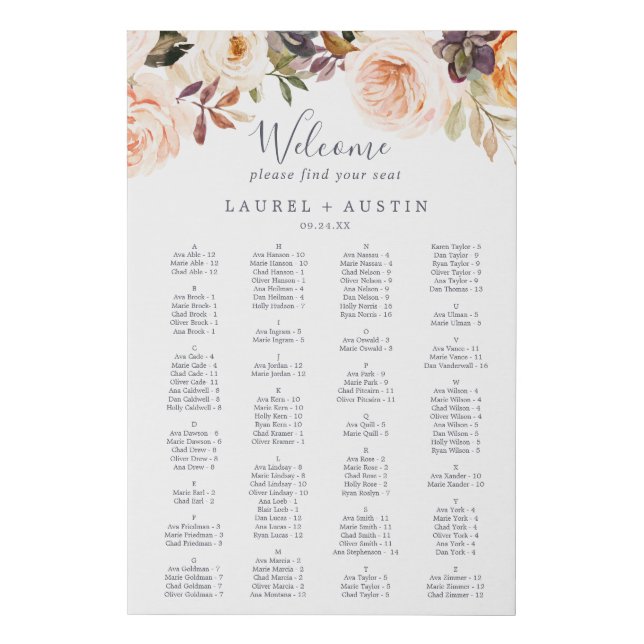 Rustic Earth Florals Alphabetical Seating Chart Faux Canvas Print (Front)