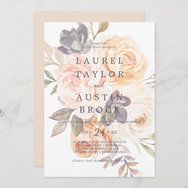 Rustic Earth Florals | Faded Flowers Wedding Invitation (Front/Back)