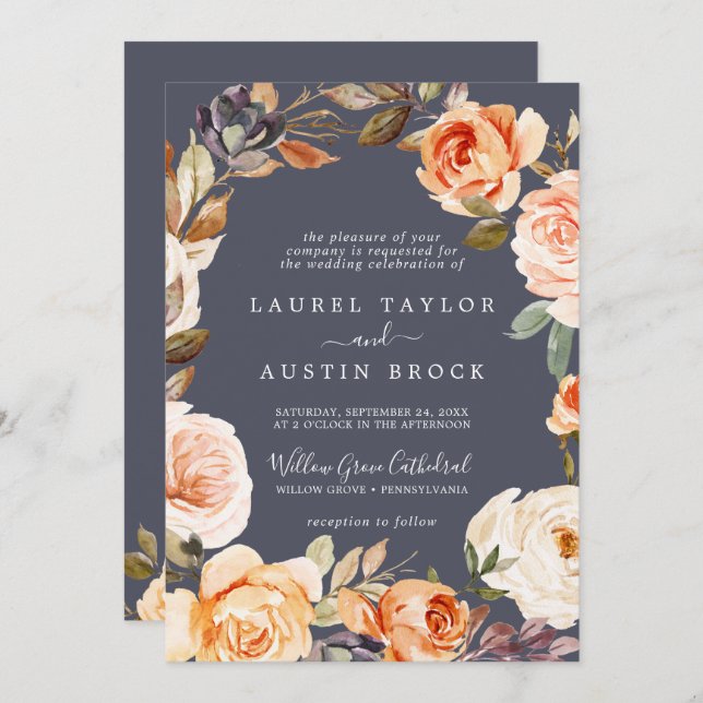 Rustic Earth Florals | Purple All In One Wedding Invitation (Front/Back)