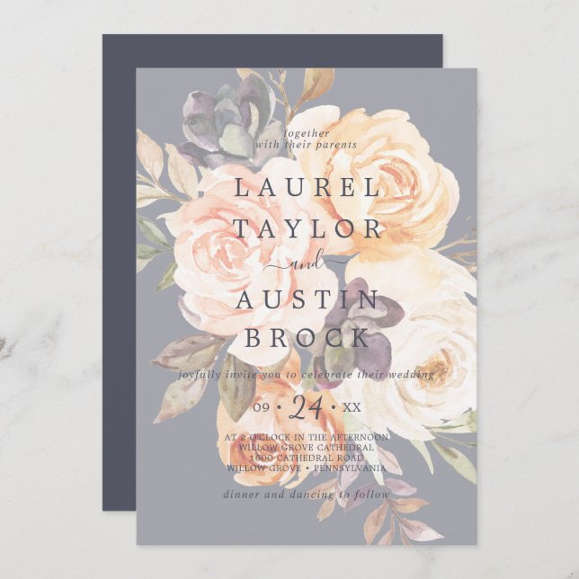 Rustic Earth Florals Purple Faded Flowers Wedding Invitation (Front/Back)