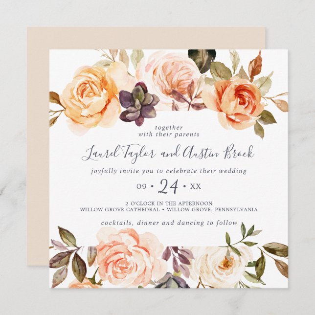 Rustic Earth Florals Square Wedding Invitation (Front/Back)