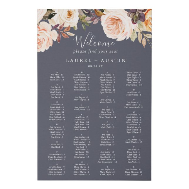 Rustic Earth | Purple Alphabetical Seating Chart Faux Canvas Print (Front)