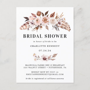 Rustic Earth-tone Boho Floral Bridal Shower Invitation Postcard
