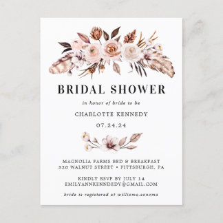 Rustic Earth-tone Boho Floral Bridal Shower Invitation Postcard