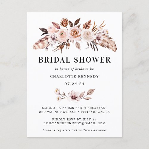 Rustic Earth_tone Boho Floral Bridal Shower  Invitation Postcard