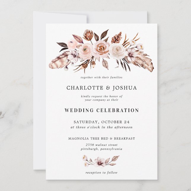 Rustic Earth-Tone Boho Floral Photo Wedding  Invitation (Front)