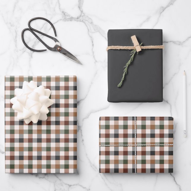 Rustic Earth Tone Checkered Plaid Wrapping Paper Sheets (Front)