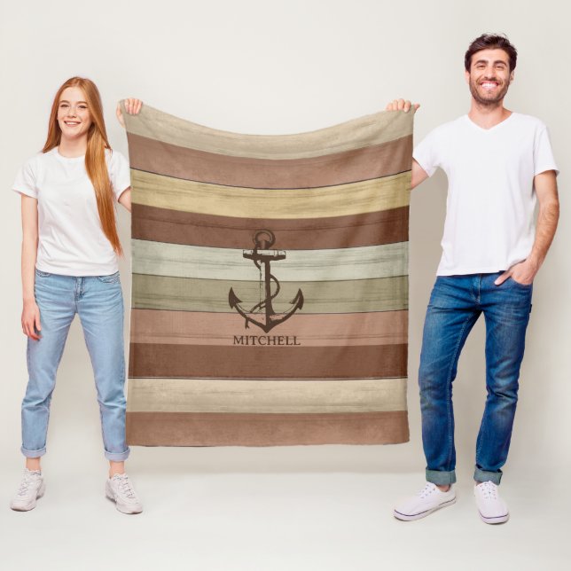 Rustic Earth Tone Wood Nautical ⚓ Stripes & Anchor Fleece Blanket (In Situ)