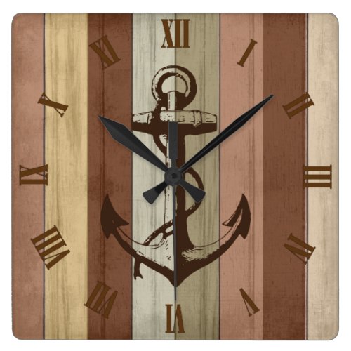 Rustic Earth Tone Wood Nautical Stripes & Anchor Square Wall Clock