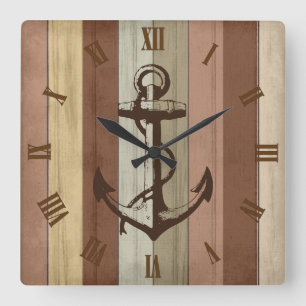 Rustic Earth Tone Wood Nautical Stripes & Anchor Square Wall Clock