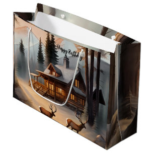Rustic Earth Tones Watercolor Log Cabin Large Gift Bag