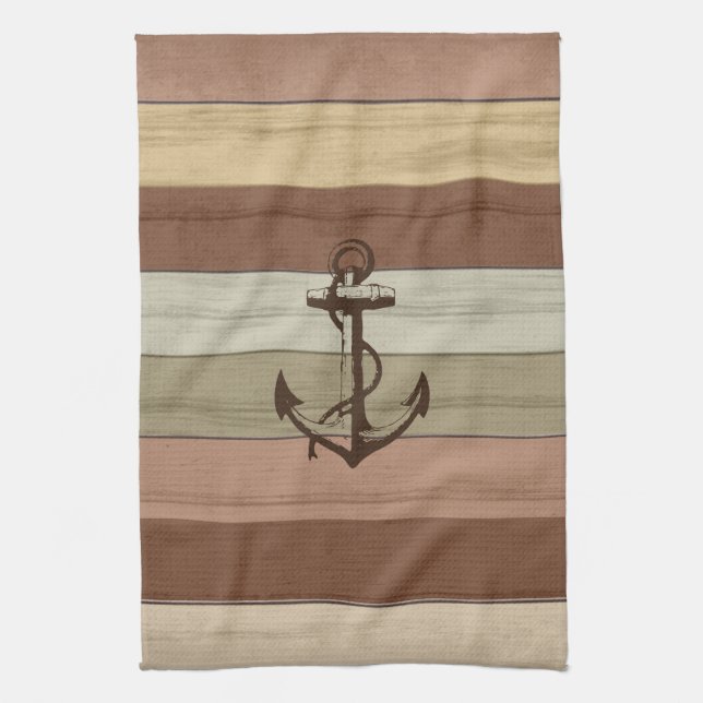 Rustic Earth Tones Wood Nautical Stripes & Anchor Kitchen Towel (Vertical)