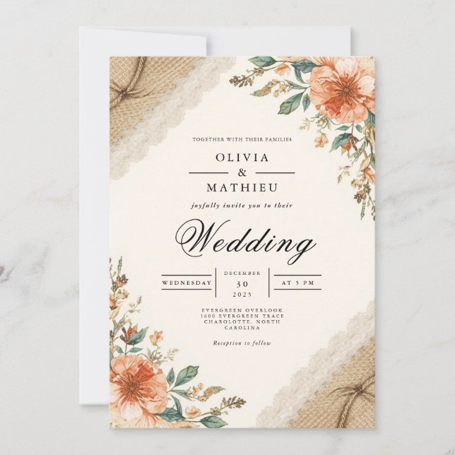 Rustic Earthy Bloom Flourish Wedding Invitation (Front)