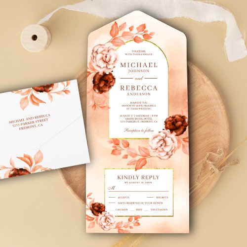 Rustic Earthy Boho Floral Arch Terracotta Wedding All In One Invitation