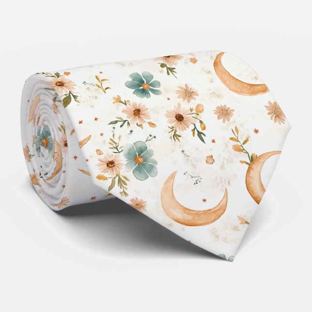 Rustic Earthy Boho Moon Floral Pattern (2) Neck Tie (Rolled)