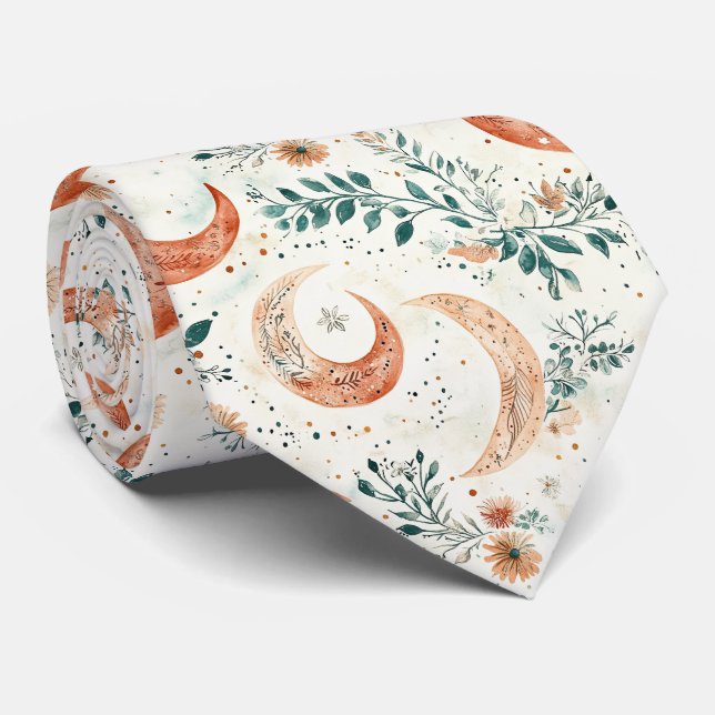 Rustic Earthy Boho Moon Floral Pattern (4) Neck Tie (Rolled)