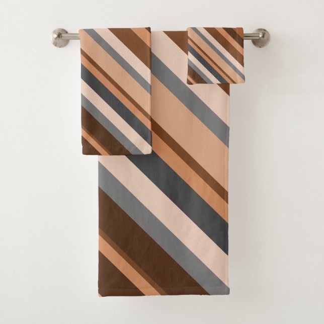 Rustic, Earthy Brown, Beige and Grey Stripes Bath Towel Set (Insitu)