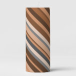 [ Thumbnail: Rustic, Earthy Brown, Beige and Grey Stripes Pillar Candle ]