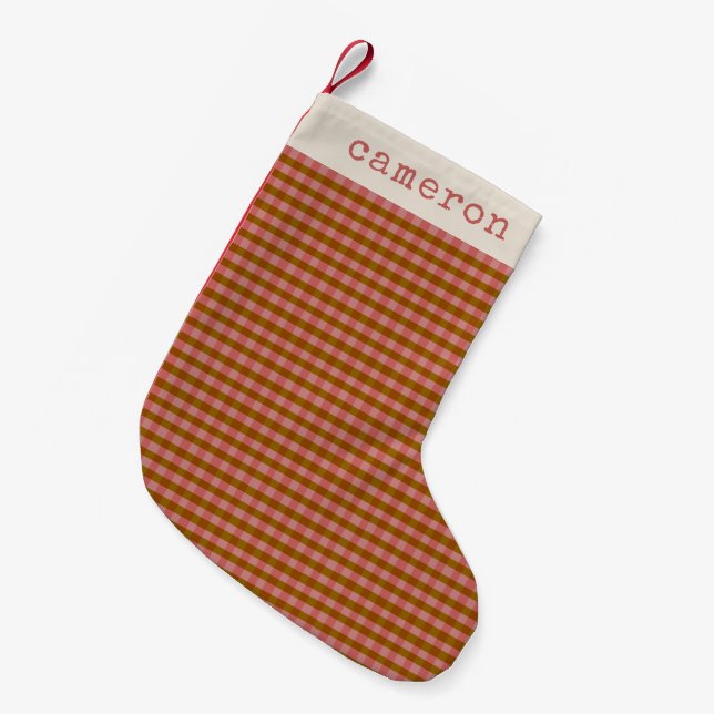 Rustic Earthy Brown Plaid Personalized Name Small Christmas Stocking (Front (Hanging))