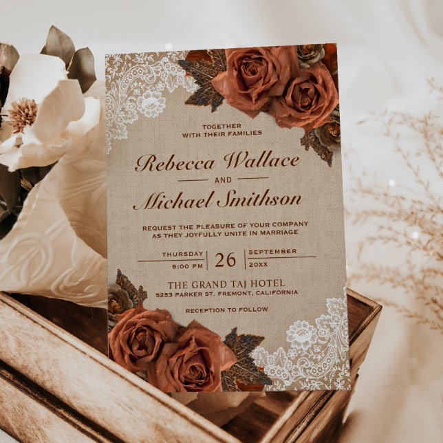 Rustic Earthy Burlap Dusty Terracotta Rose Wedding Invitation (Creator Uploaded)