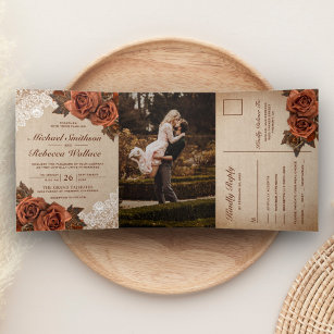 Rustic Earthy Burlap Dusty Terracotta Rose Wedding Tri-Fold Invitation