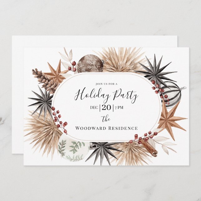 Rustic Earthy Dried Botanicals Holiday Party Invitation (Front/Back)