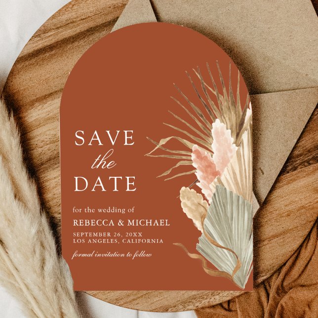 Rustic Earthy Dried Palm Pampas Terracotta Wedding Save The Date (Creator Uploaded)