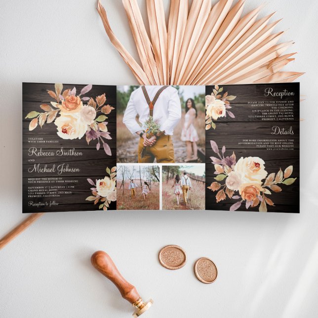 Rustic Earthy Dusty Peach Floral Barn Wood Wedding Tri-Fold Invitation (Creator Uploaded)