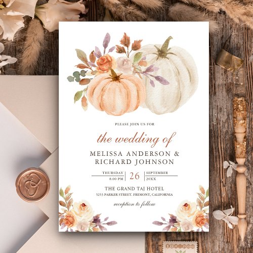 Rustic Earthy Dusty Peach Floral Pumpkin Wedding Invitation