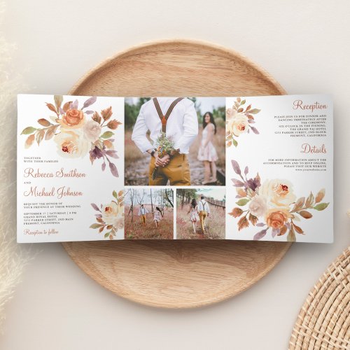 Rustic Earthy Dusty Peach Floral Wedding Tri_Fold Invitation