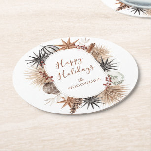 Rustic Earthy Family Name Holiday Round Paper Coaster