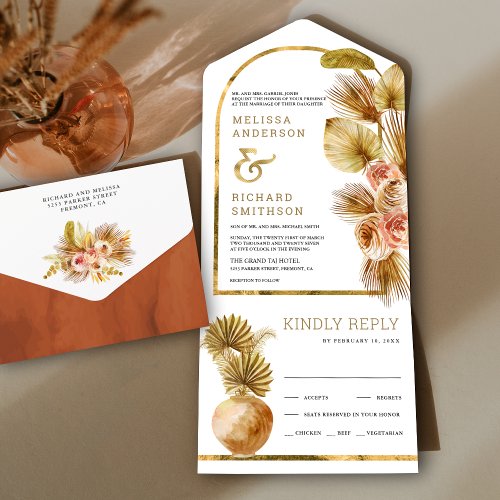 Rustic Earthy Floral Arch Dried Boho Palm Wedding All In One Invitation