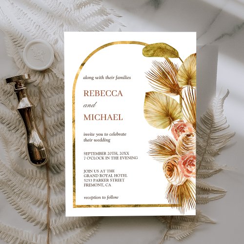 Rustic Earthy Floral Arch Dried Boho Palm Wedding Invitation