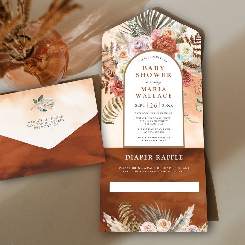 Rustic Earthy Floral Arch Terracotta Baby Shower All In One Invitation