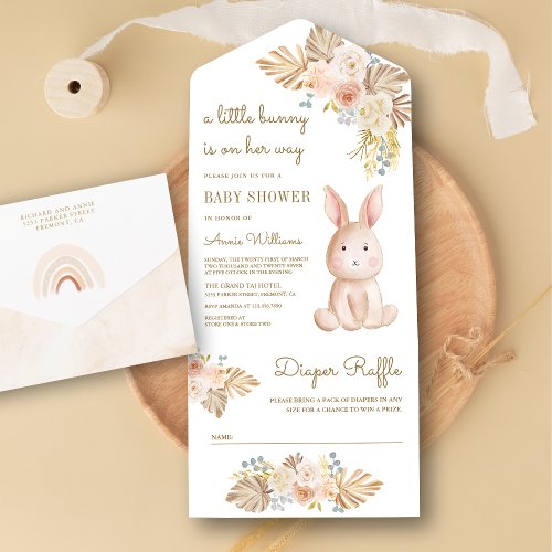 Rustic Earthy Floral Boho Bunny Rabbit Baby Shower All In One Invitation