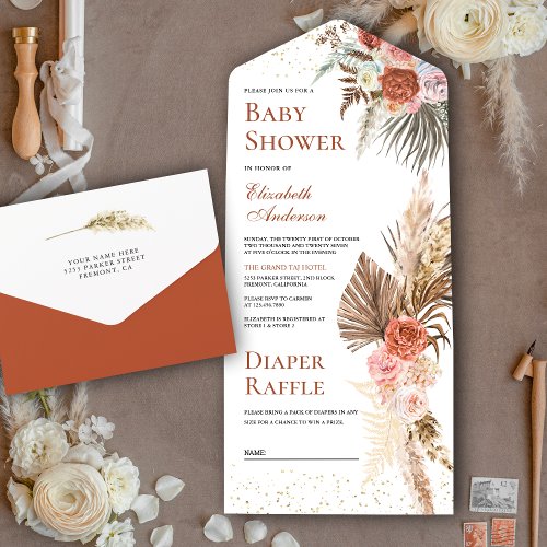 Rustic Earthy Floral Boho Pampas Grass Baby Shower All In One Invitation