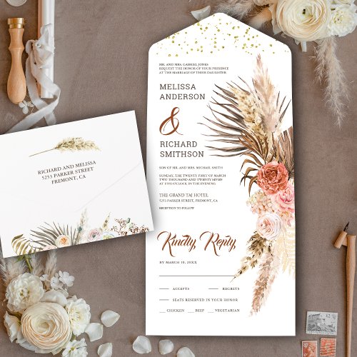 Rustic Earthy Floral Boho Pampas Grass Wedding All In One Invitation