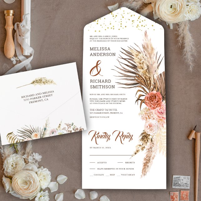 Rustic Earthy Floral Boho Pampas Grass Wedding All In One Invitation (Creator Uploaded)