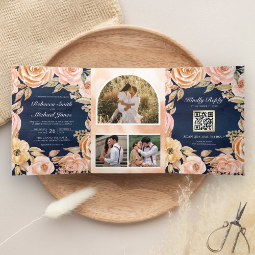 Rustic Earthy Floral Navy Blue QR Code Wedding Tri_Fold Invitation