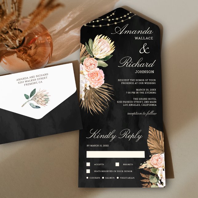 Rustic Earthy Floral Palm Protea Black Wedding All In One Invitation (Creator Uploaded)