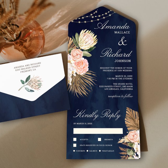 Rustic Earthy Floral Palm Protea Navy Blue Wedding All In One Invitation (Creator Uploaded)