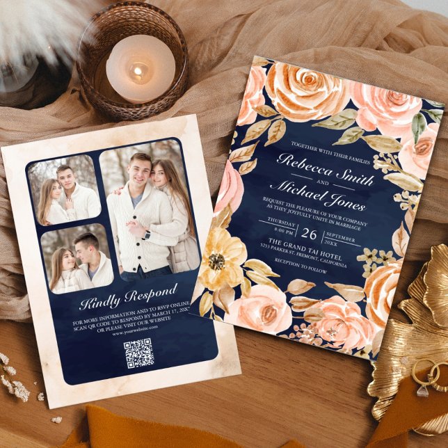 Rustic Earthy Floral Photo Navy QR Code Wedding Invitation (Creator Uploaded)