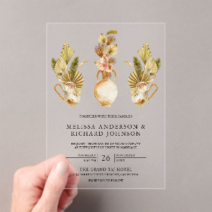 Rustic Earthy Floral Pots Dried Boho Palm Wedding Acrylic Invitations