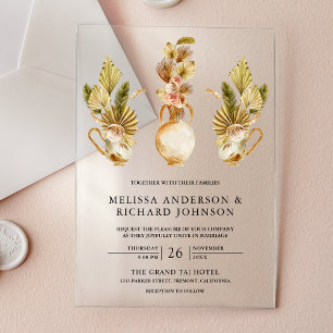 Rustic Earthy Floral Pots Dried Boho Palm Wedding Acrylic Invitations