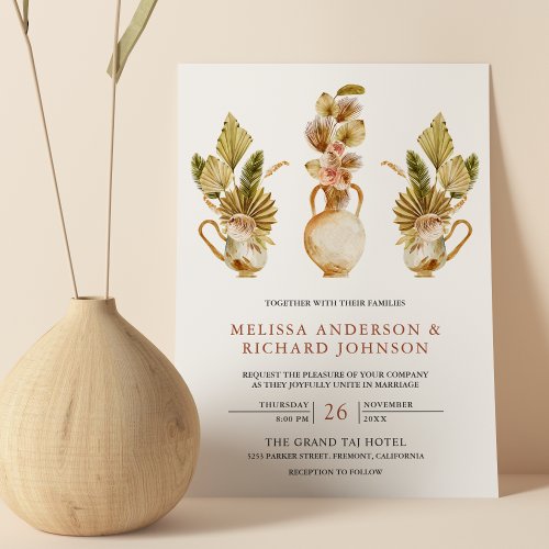 Rustic Earthy Floral Pots Dried Boho Palm Wedding Invitation