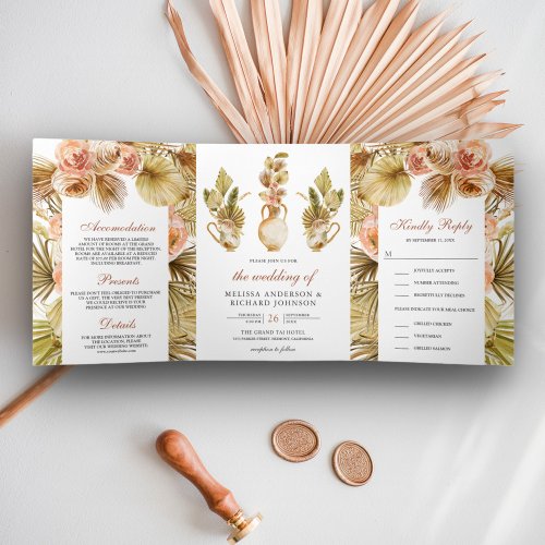 Rustic Earthy Floral Pots Dried Boho Palm Wedding Tri_Fold Invitation